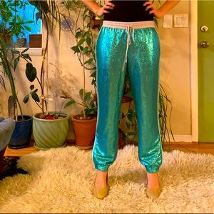 Diane Von Furstenberg Teal Sequin Jumpsuit Pants